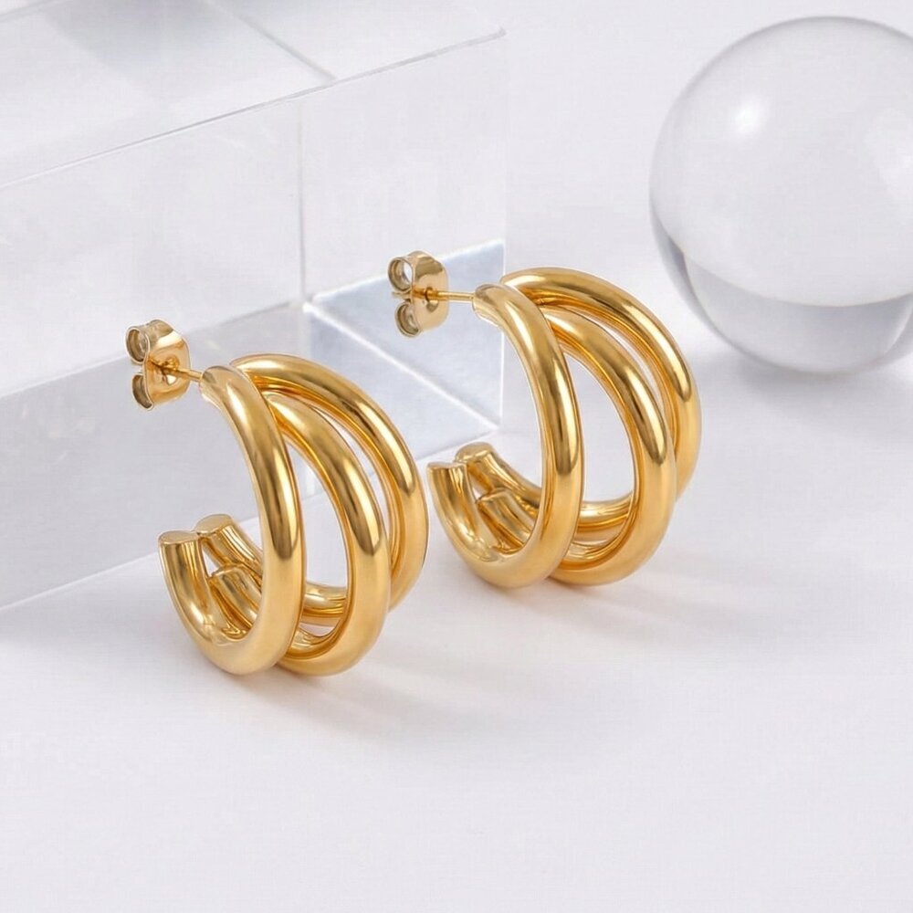 18K Gold Plated Stainless Steel Triple C-Hoop Earrings Modern Layered Studs 0.8"